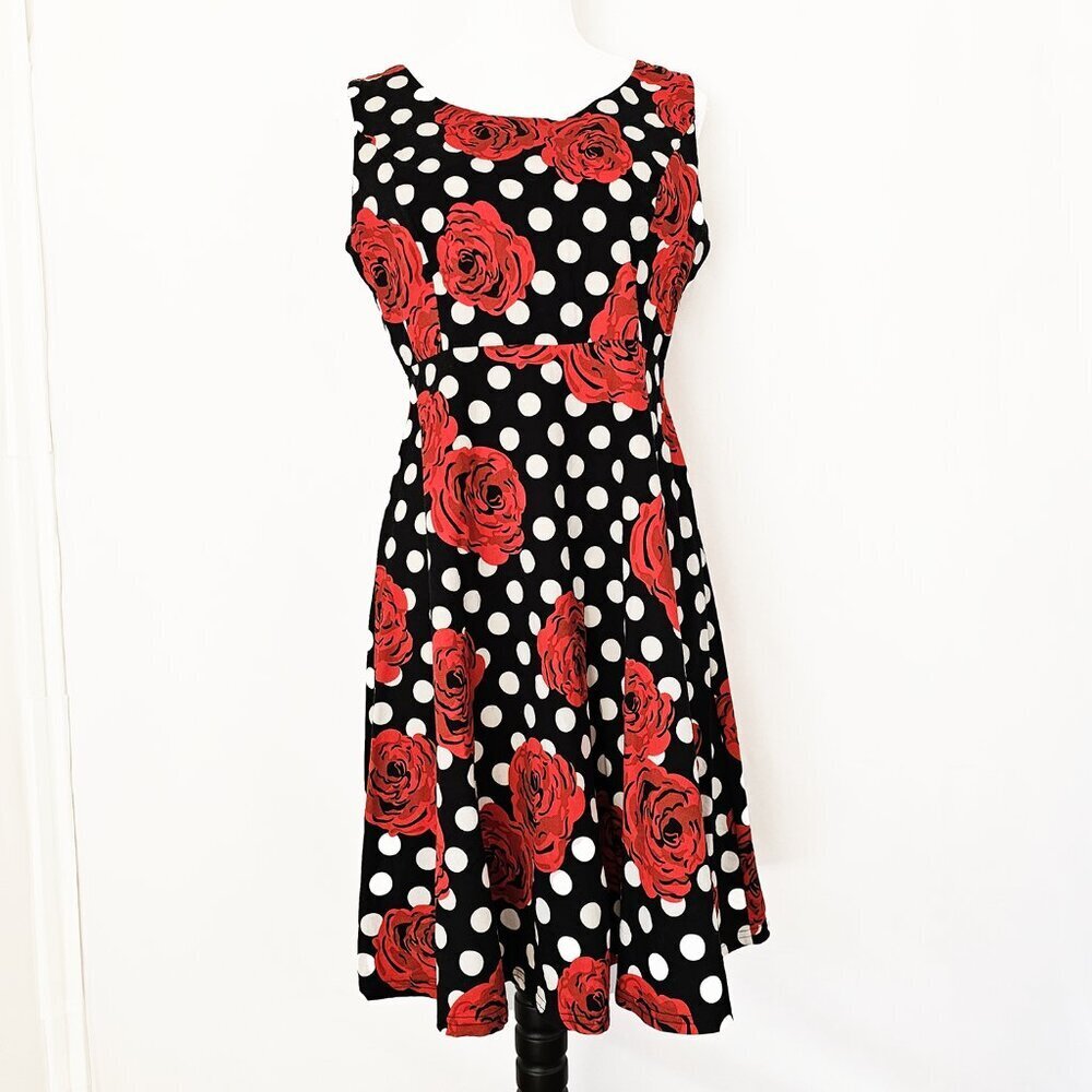 Veljie Sleeveless Polka Dot and Rose Print Sz 10 Dress Retro Rockabilly